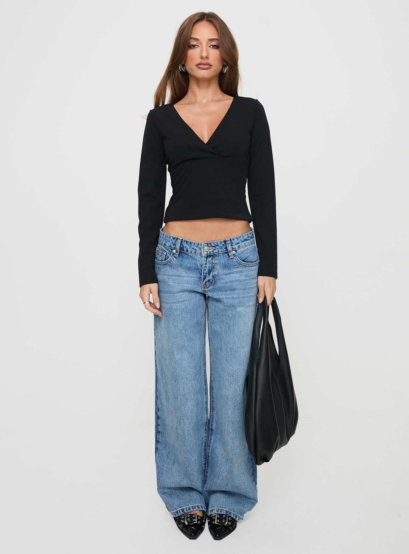 Aeva Long Sleeve Plunge Top Black Product Image