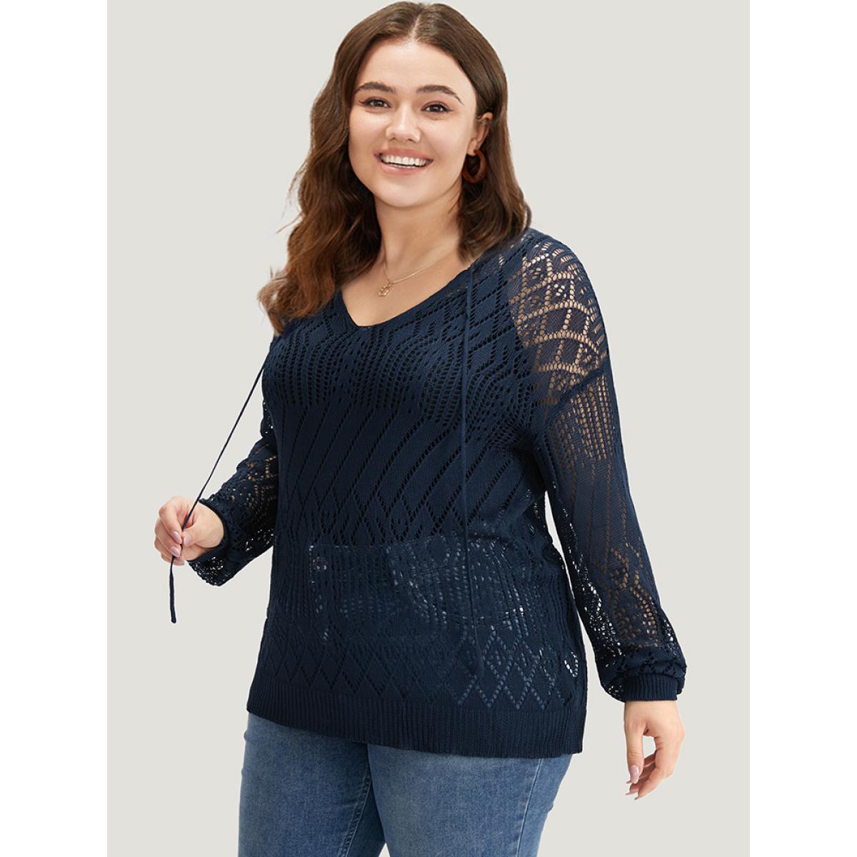 Plus Size Plain Geometric Hollow Out Knot Neck Pullover Indigo Women Casual Long Sleeve V-neck Everyday Pullovers BloomChic 14-16/1X Product Image