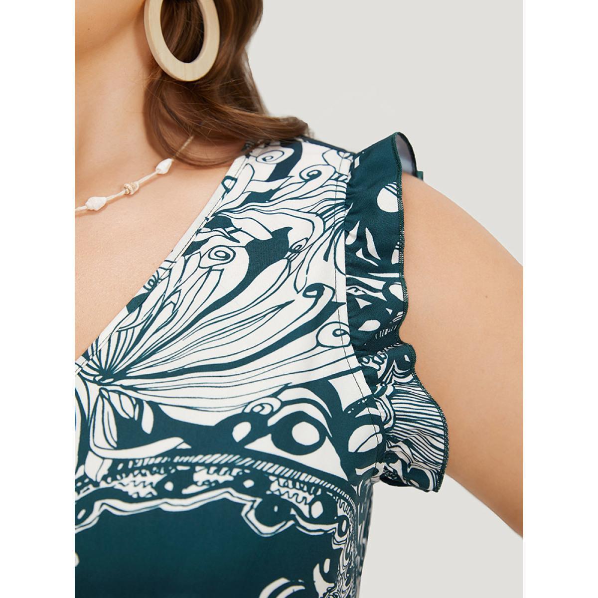 Plus Size Floral Print Sleeveless Pocket V Neck Frill Trim Dress DarkBlue Women Elegant Ruffles V-neck Sleeveless Curvy Midi Dress BloomChic 14-16/1X Product Image