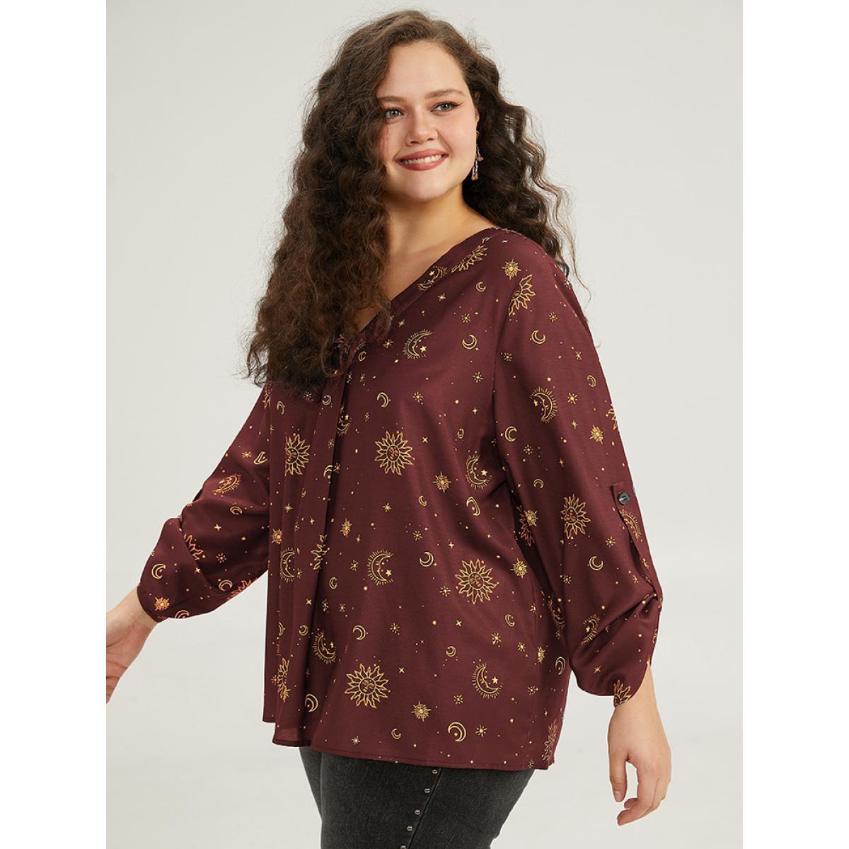 Plus Size Scarlet Halloween Moon & Star Print Pleated Tab Sleeve Blouse Women Elegant Elbow-length sleeve V-neck Festival-Halloween Blouses BloomChic 10/M Product Image