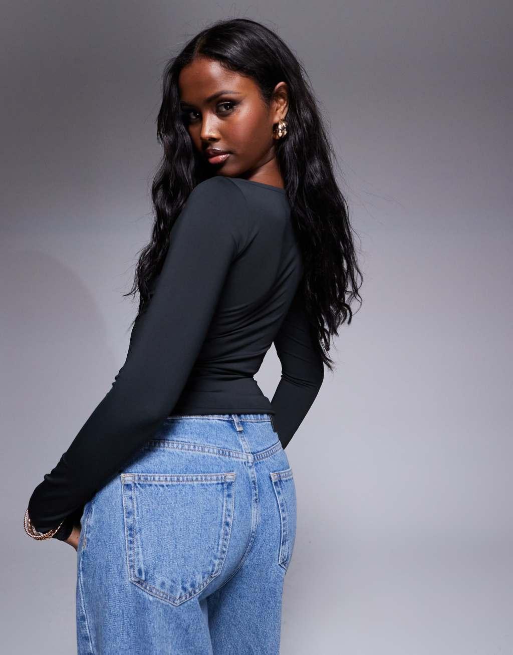 ASOS DESIGN premium sculpting boat neck long sleeve top in black Product Image