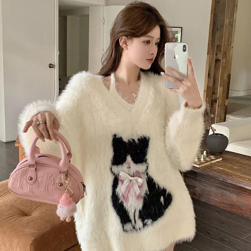 Set: V-Neck Cat Jacquard Bow Accent Fluffy Sweater + Halter Neck Top Product Image