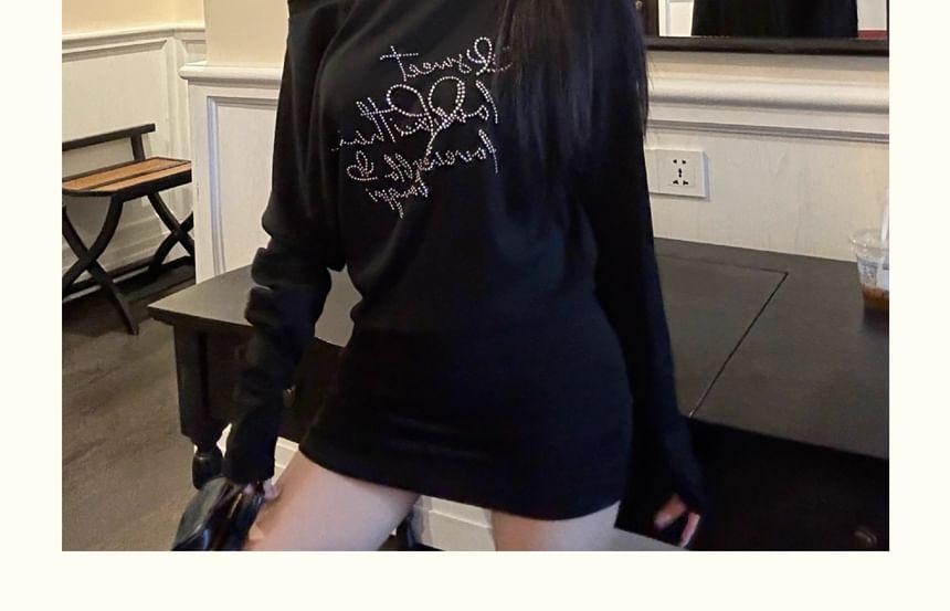 Long Sleeve Cold-Shoulder Lettering Rhinestone Mini Bodycon Dress Product Image