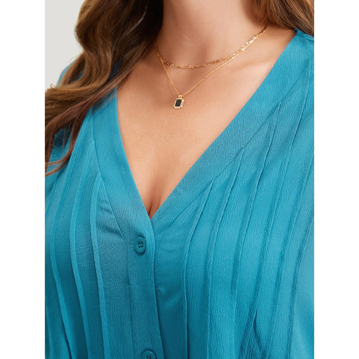Plus Size Solid Plicated Detail Button Through Tank Dress Cerulean Women Vacation Button V-neck Sleeveless Curvy Knee Dress BloomChic 30/6X Product Image