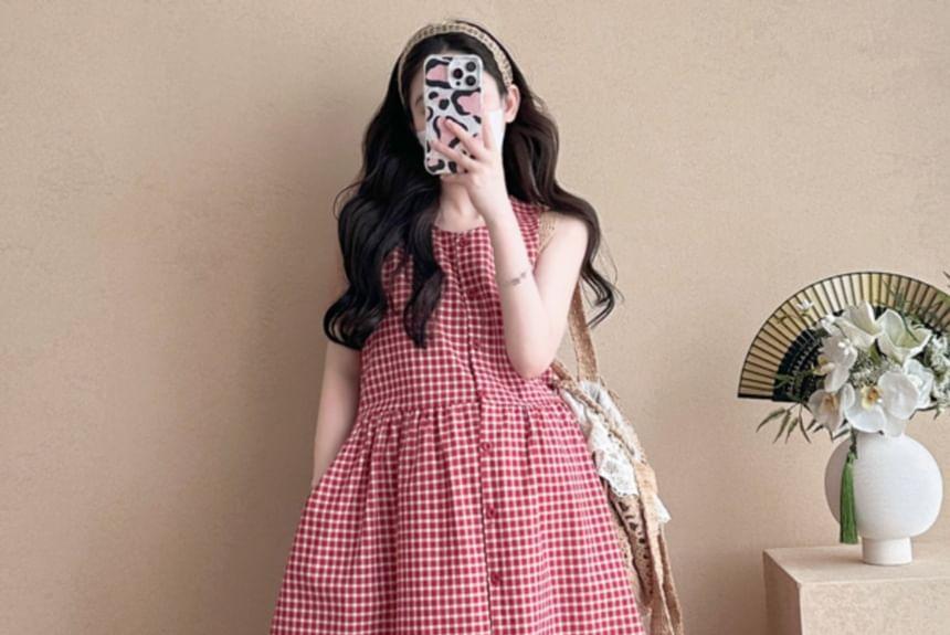 Maternity Sleeveless Crew Neck Plaid Button-Up Maxi A-Line Dress Product Image