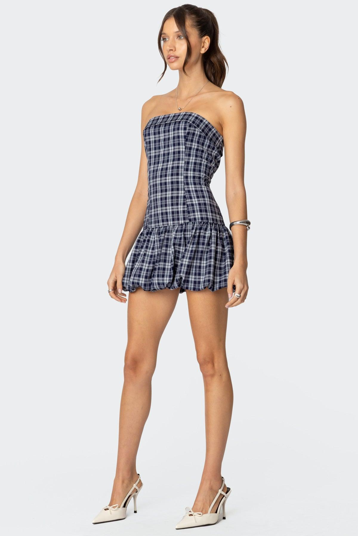 Plaid Strapless Bubble Mini Dress Product Image