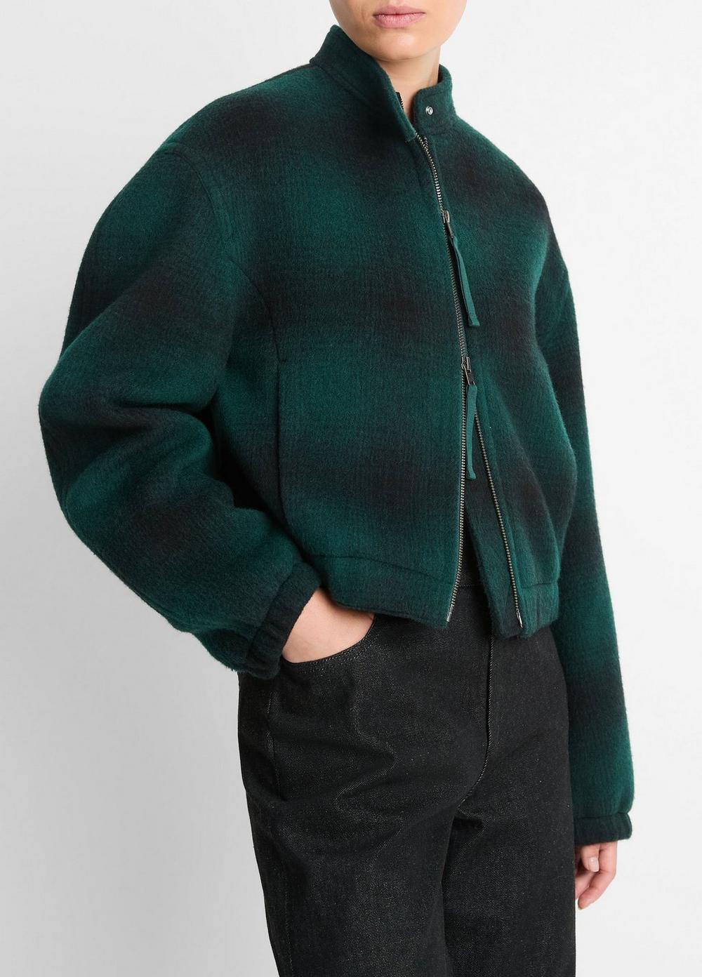 Womens Shadow Plaid Italian Wool-Blend Bomber Jacket, Juniper, Size M Vince Product Image