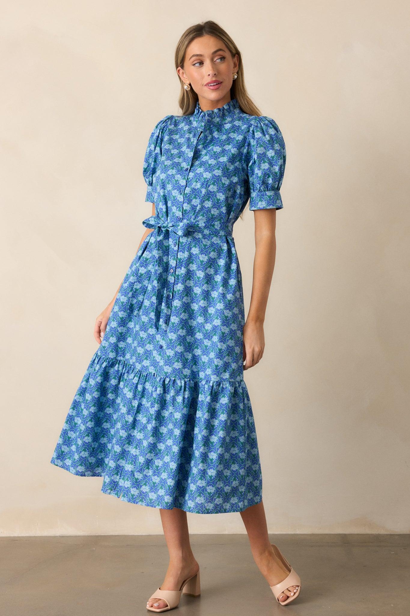 Orchid Waters Cotton Blue Floral Button Front Midi Dress Product Image