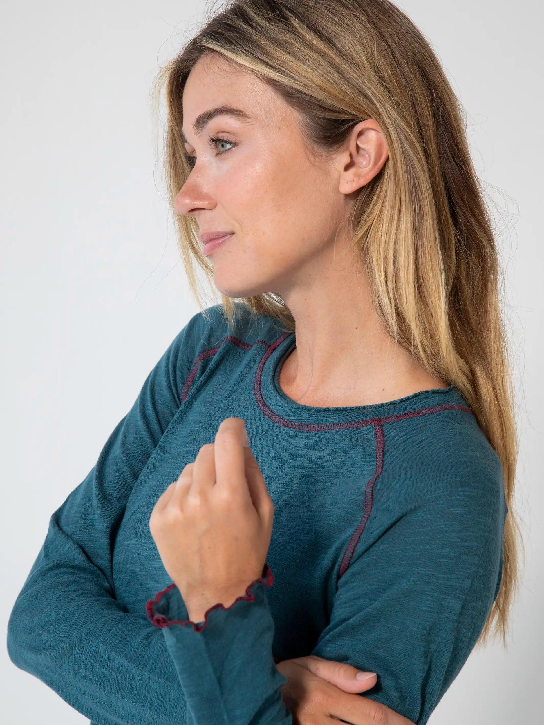Lily Cotton Long Sleeve Tee Shirt - Teal Product Image