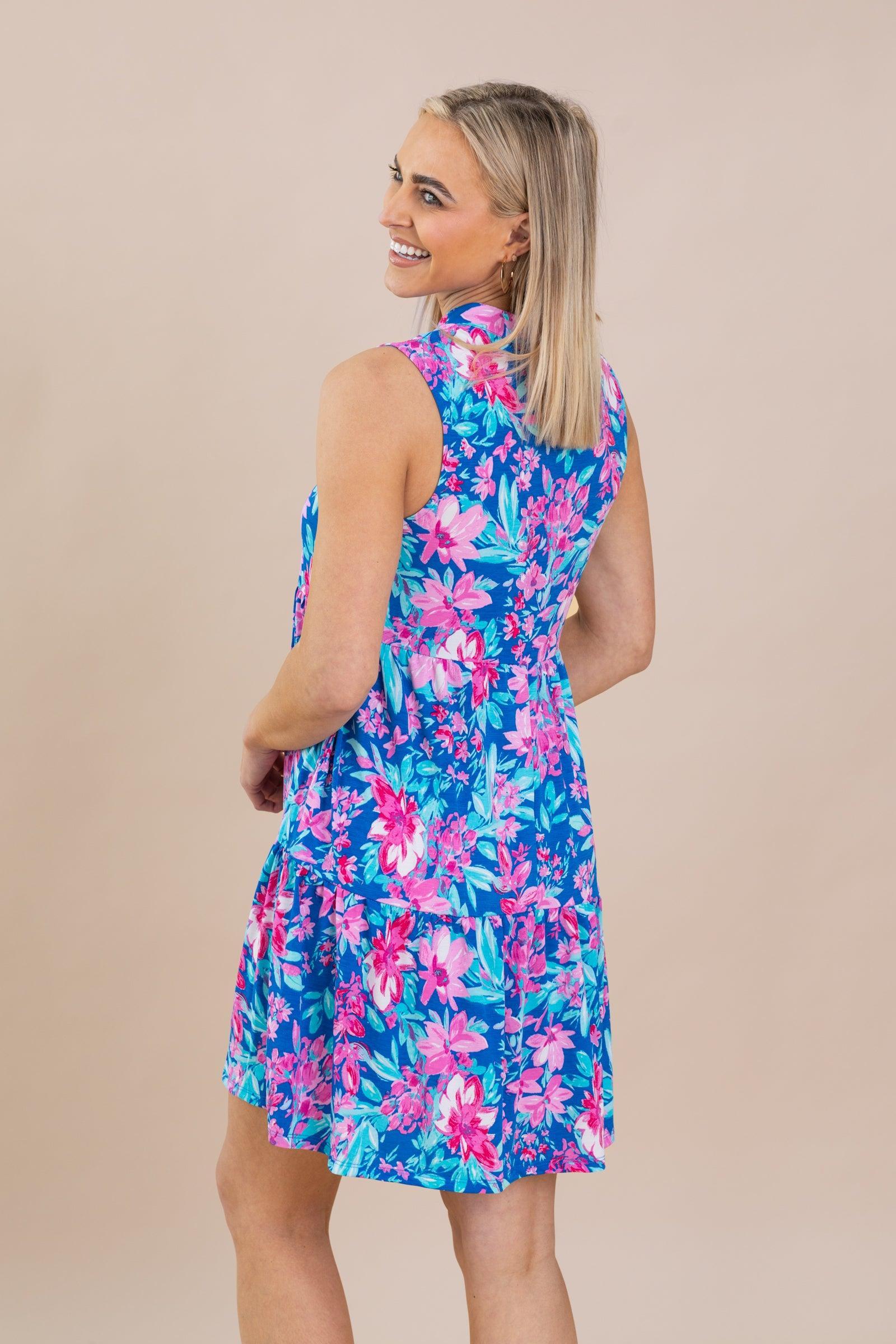 Blue Floral Tiered Wrinkle Free Dress Product Image