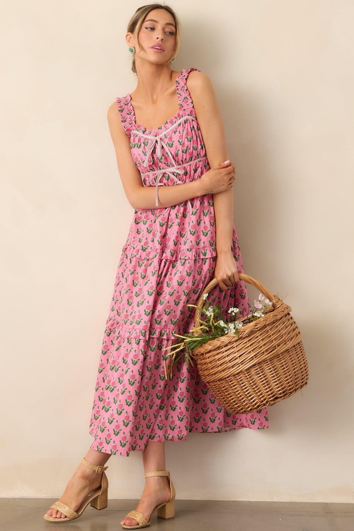 Tour Of The City Cotton Pink Floral Midi Dress Product Image