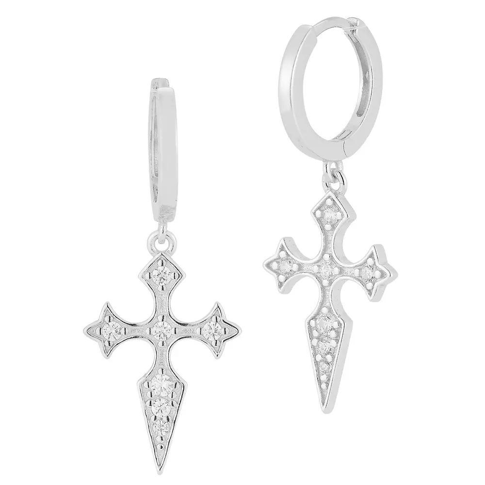 Sunkissed Sterling Cubic Zirconia Cross Charm Huggie Hoop Earrings, Womens, Silver Tone Product Image