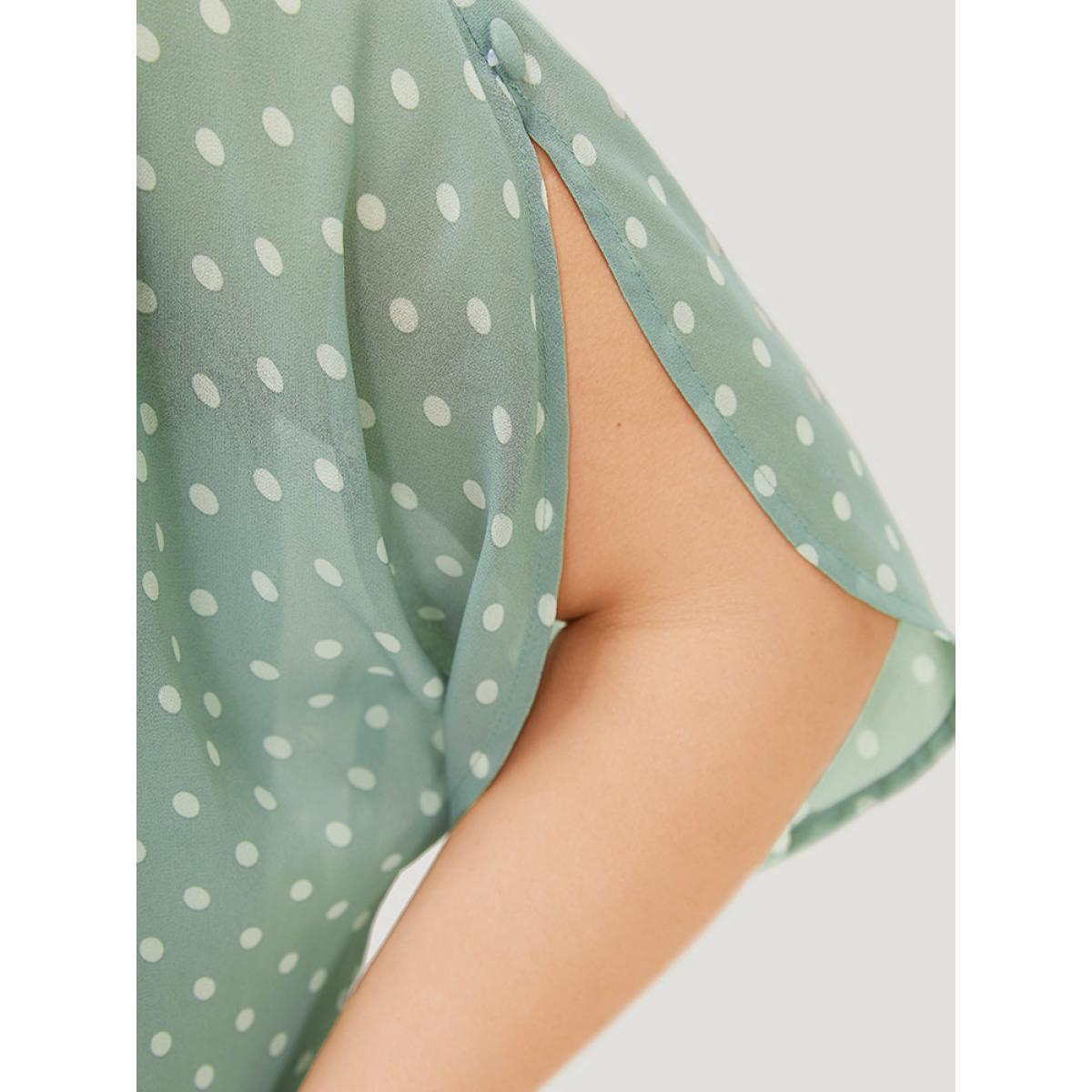 Plus Size Mint Polka Dot Pleated Button Detail Split Sleeve Blouse Women Elegant Half Sleeve Round Neck Dailywear Blouses BloomChic 28/5X Product Image