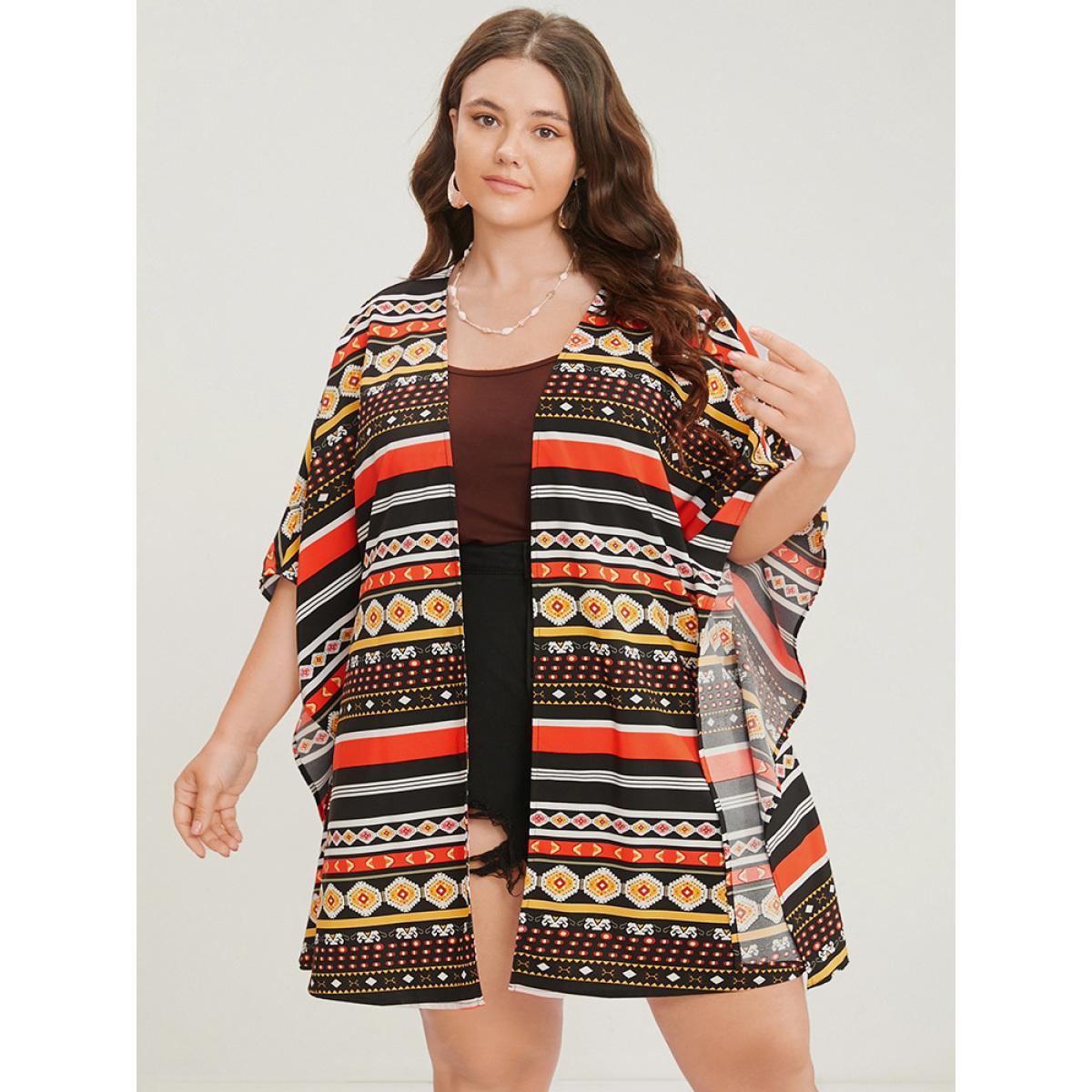 Plus Size Bandana Dolman Sleeve Open Front Cover Up Women Multicolor Vacation Loose Dailywear Kimonos BloomChic 12/L Product Image