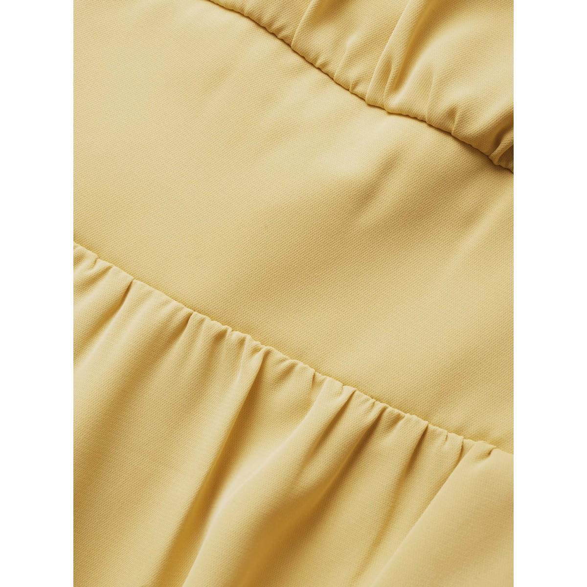 Plus Size Square Neck Gathered Lantern Sleeve Dress Yellow Women Elegant Non Square Neck Short sleeve Curvy Midi Dress BloomChic 14-16/1X Product Image