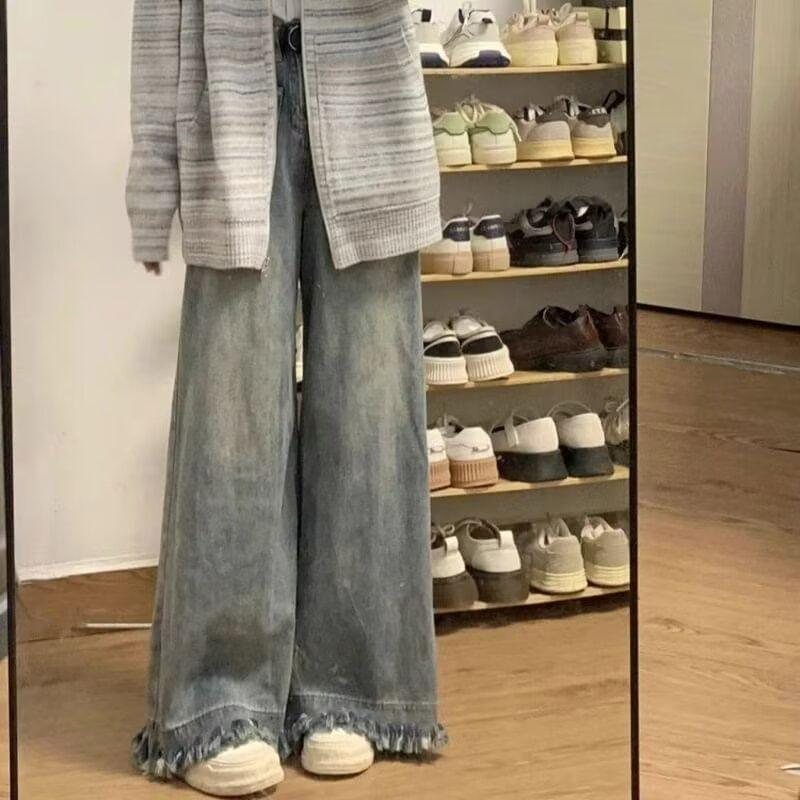 High Rise Washed Ripped Wide Leg Jeans Product Image