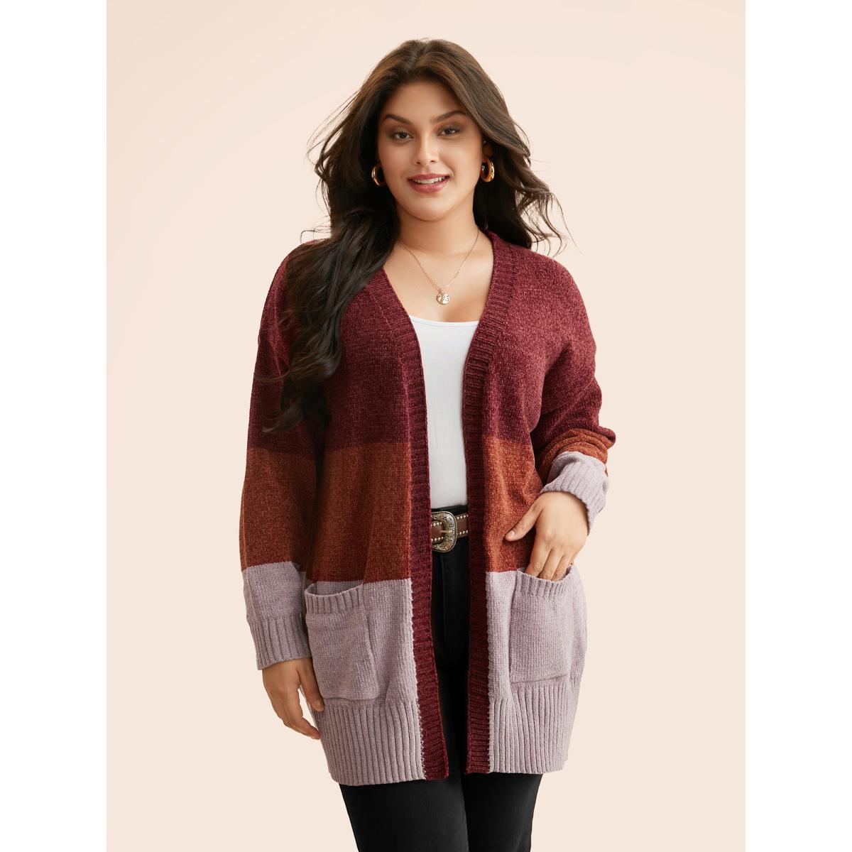 Plus Size Colorblock Contrast Patch Pocket Cardigan Yellowishbrown Women Casual Loose Long Sleeve Everyday Cardigans BloomChic 12/L Product Image