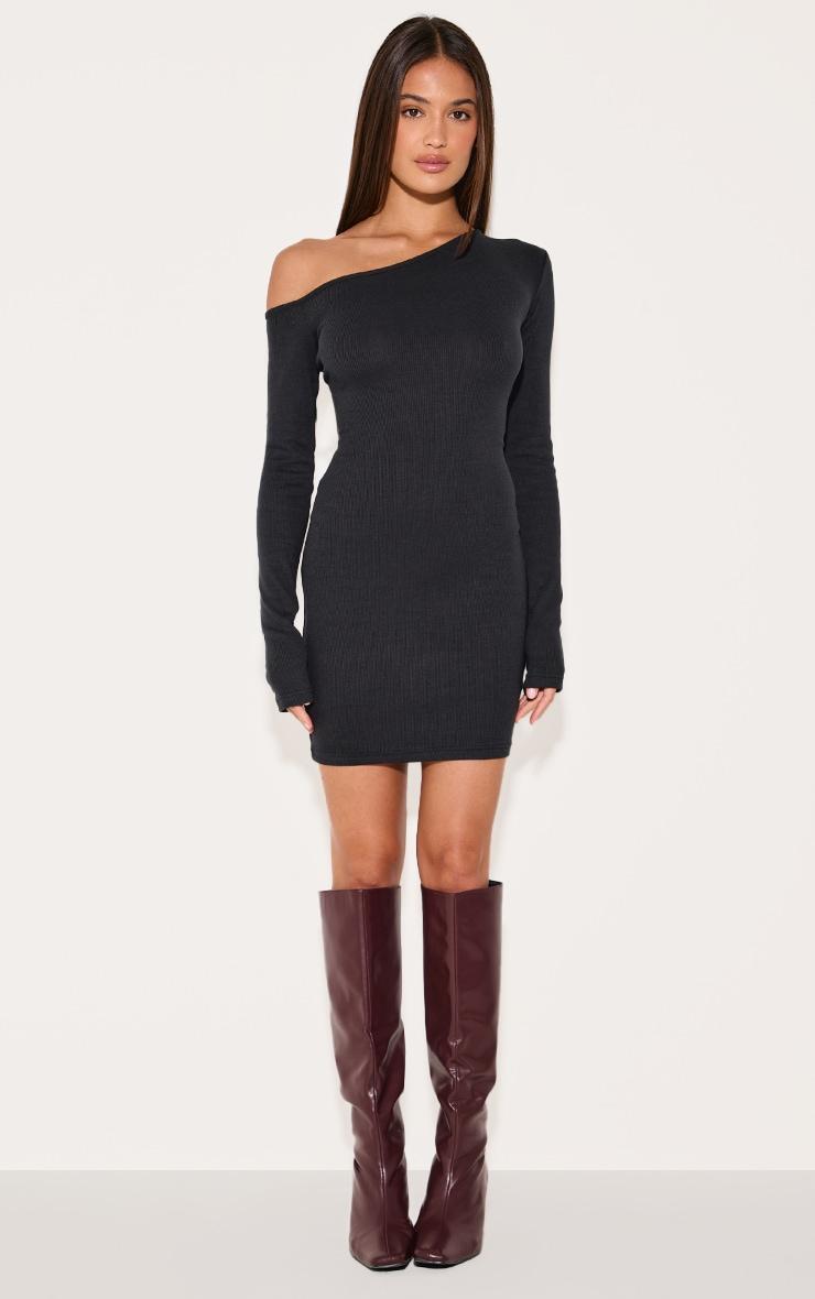 Black Rib Asymmetric Mini Dress Product Image