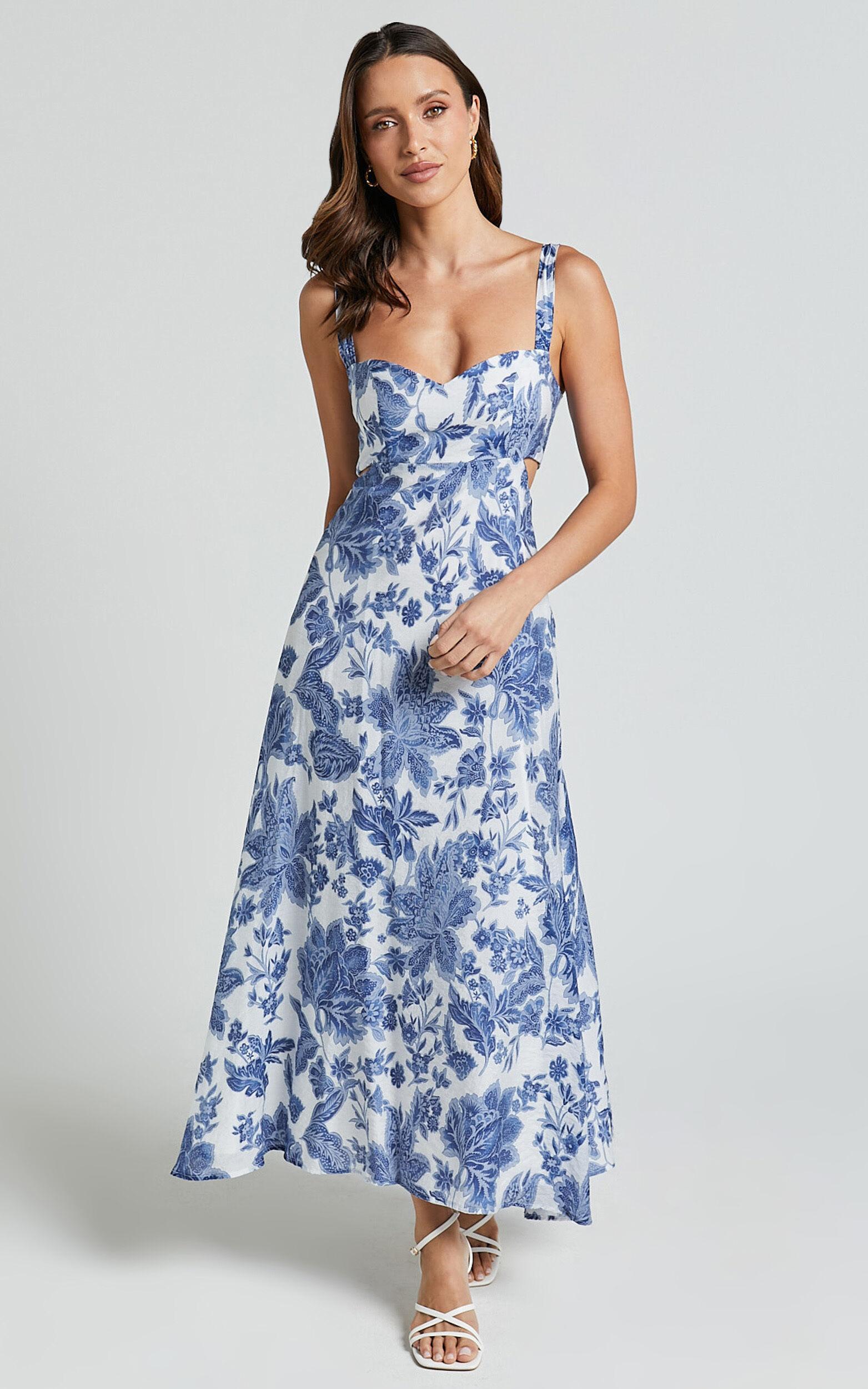 Jackleyn Midi Dress - Sweetheart A Line Dress in Blue Floral Product Image
