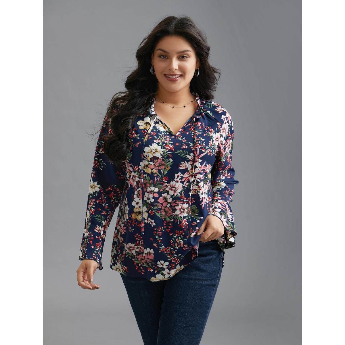 Plus Size Indigo Floral Tie Knot Flutter Sleeve Blouse Women Elegant Long Sleeve V-neck Everyday Blouses BloomChic 22-24/3X Product Image