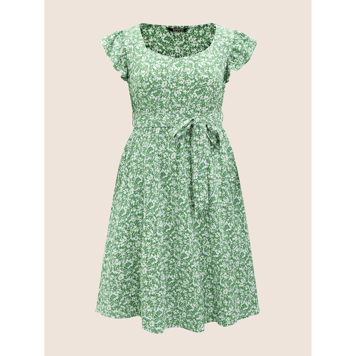 Plus Size Ditsy Floral Belted Flutter Cap Sleeve Dress Green Women Elegant Non Square Neck Cap Sleeve Curvy Midi Dress BloomChic 30/6X Product Image