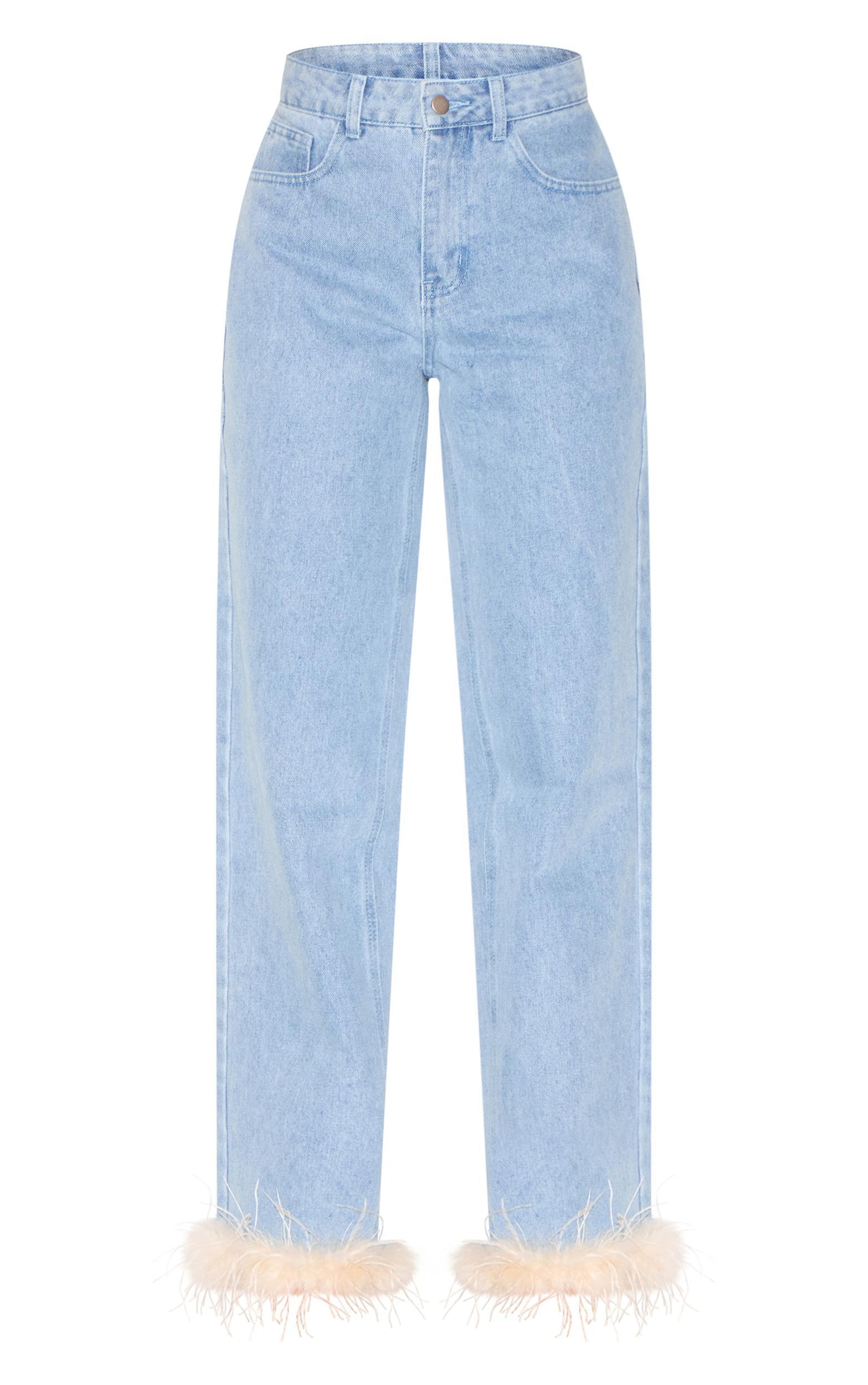 Blue Feather Trim Straight Leg Jeans Product Image