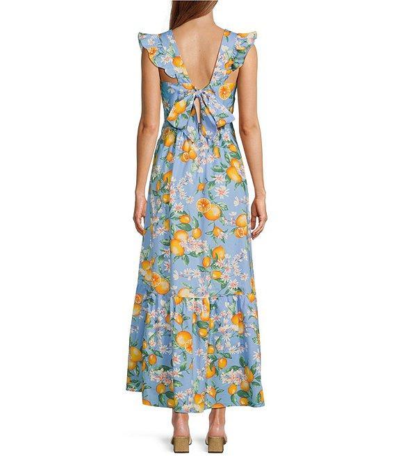 Skies Are Blue Lemon Print V-Neck Cap Sleeve Tie Back Ruffled Maxi Dress Product Image