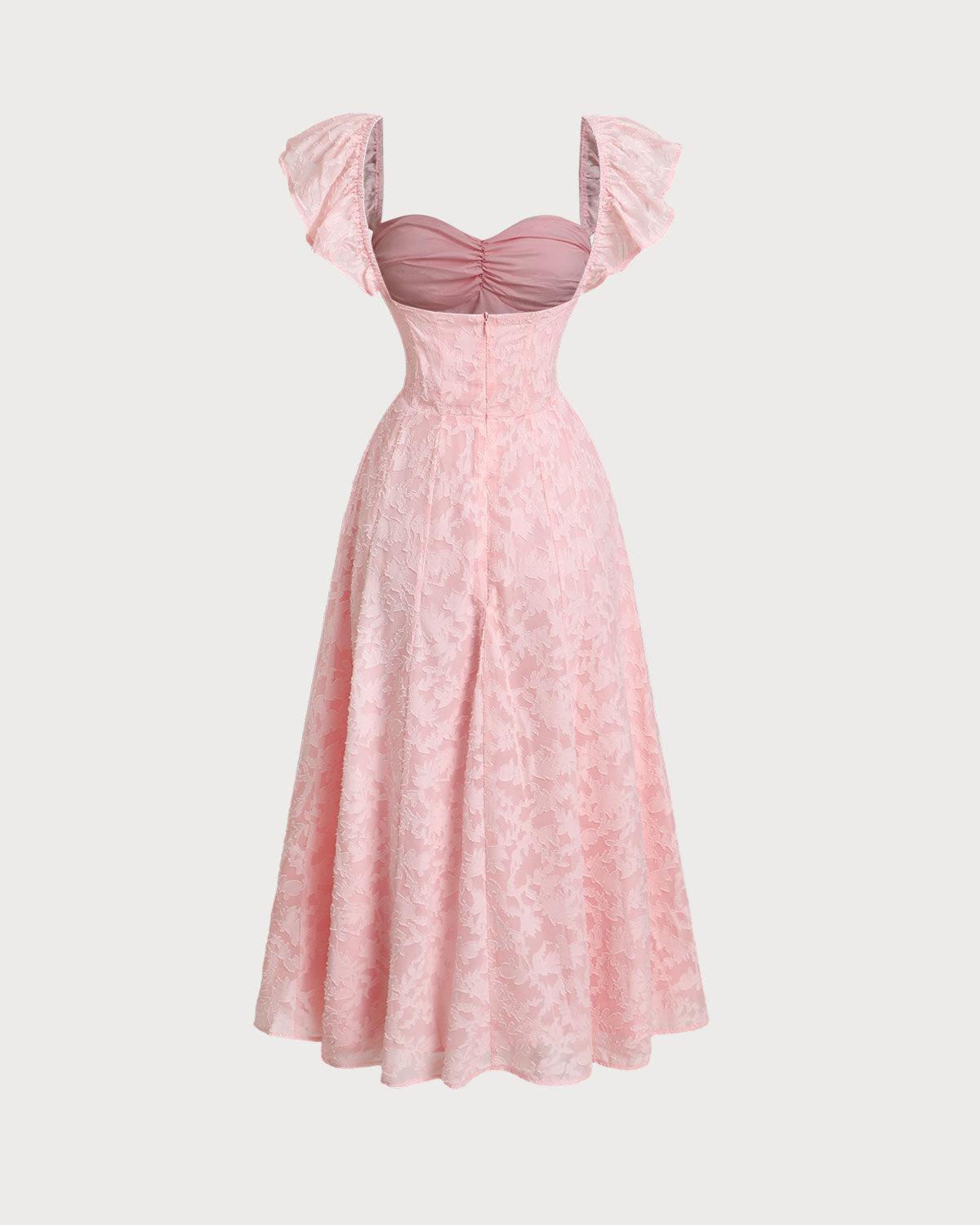 Pink Jacquard Ruched Square Neck Midi Dress Product Image