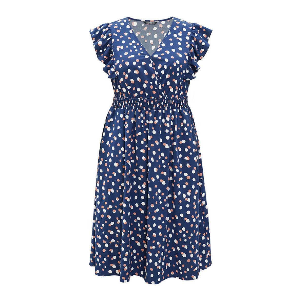 Plus Size Allover Print Pocket Wrap Flutter Cap Sleeve Dress DarkBlue Women Office Wrap V-neck Sleeveless Curvy Midi Dress BloomChic 18-20/2X Product Image