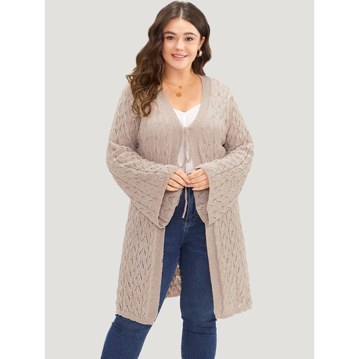 Plus Size Geometric Eyelet Tie Front Bell Sleeve Tunic Cardigan LightBrown Women Casual Loose Long Sleeve Dailywear Cardigans BloomChic 14-16/1X Product Image