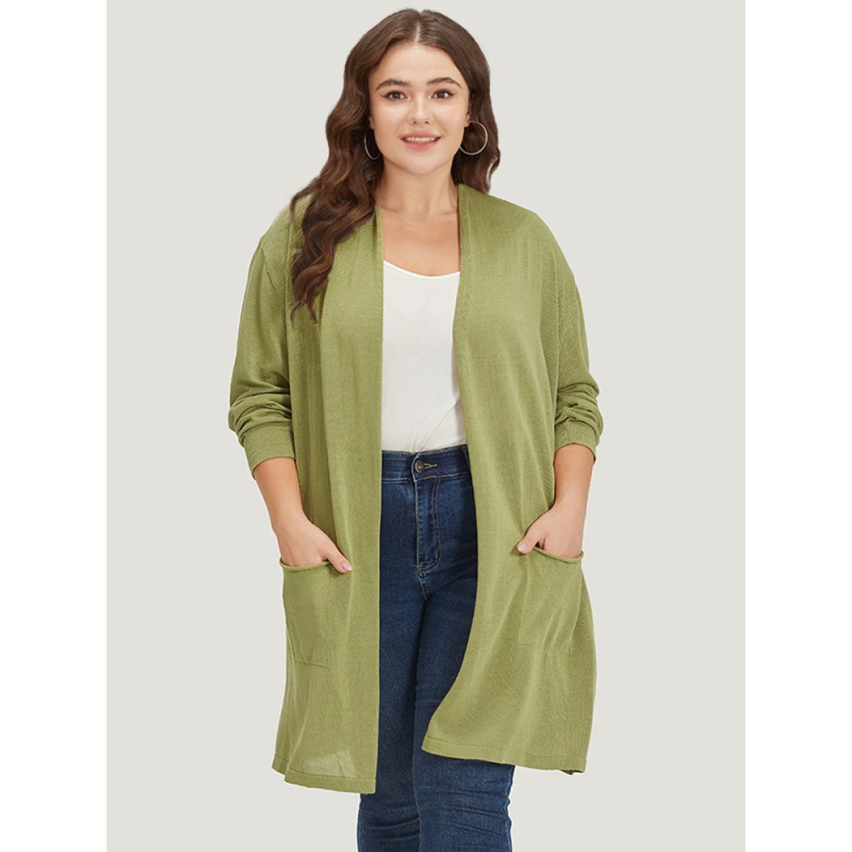 Plus Size Solid Patched Pocket Open Front Tunic Cardigan Moss Women Casual Loose Long Sleeve Dailywear Cardigans BloomChic 28/5X Product Image