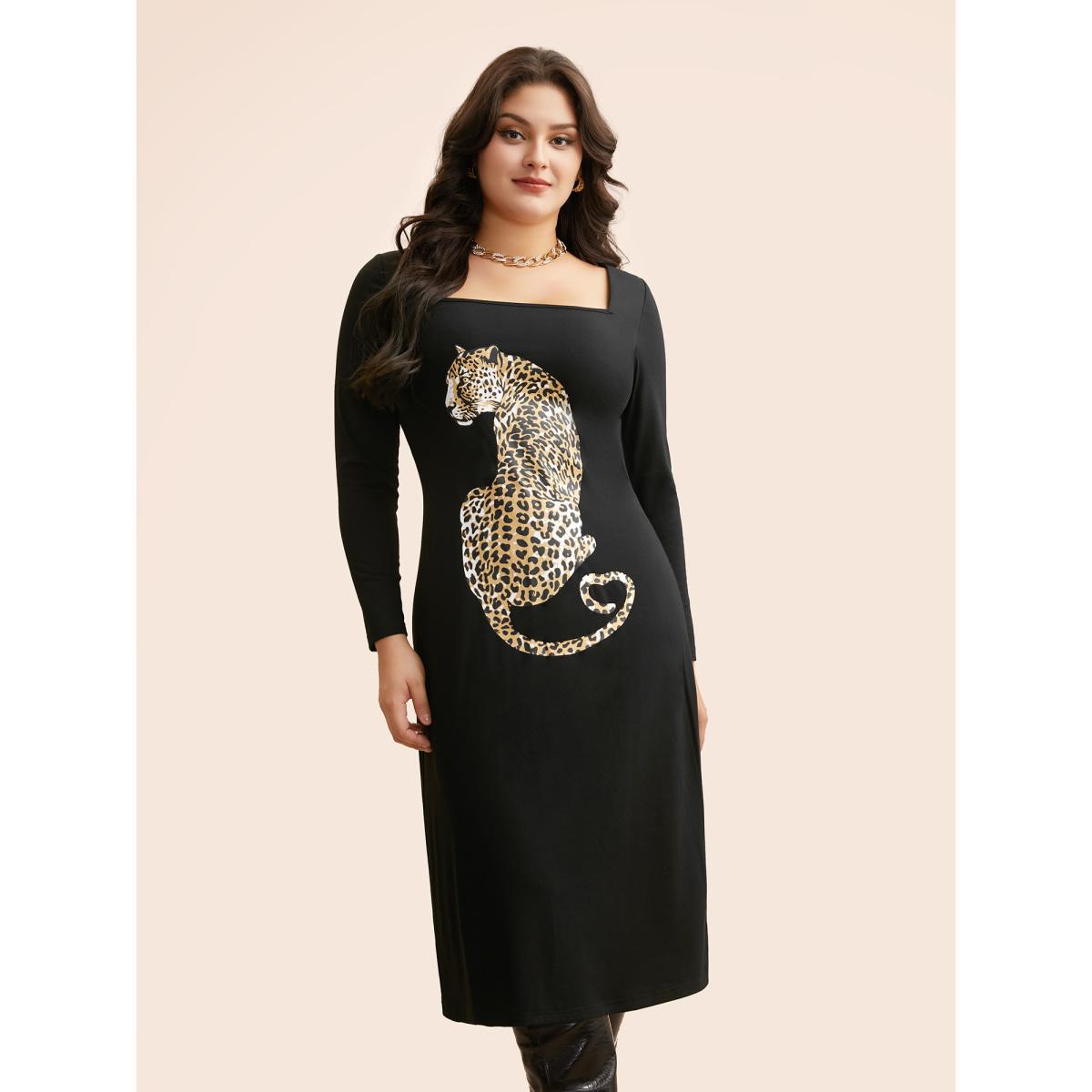 Plus Size Leopard Print Square Neck Tie Knot Dress Black Women Elegant Tie knot Square Neck Long Sleeve Curvy BloomChic 30/6X Product Image