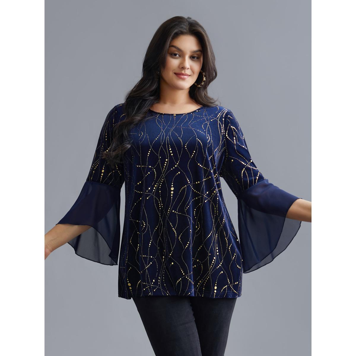 Plus Size Indigo Velvet Glitter Mesh Bell Sleeve Patchwork Blouse Women Cocktail Elbow-length sleeve Round Neck Party Blouses BloomChic 26/4X Product Image