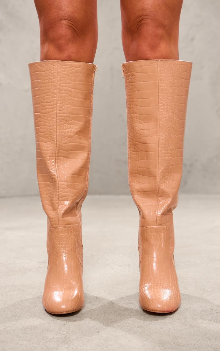 Nude Pu Croc Round Toe High Heeled Block Knee Boots Product Image