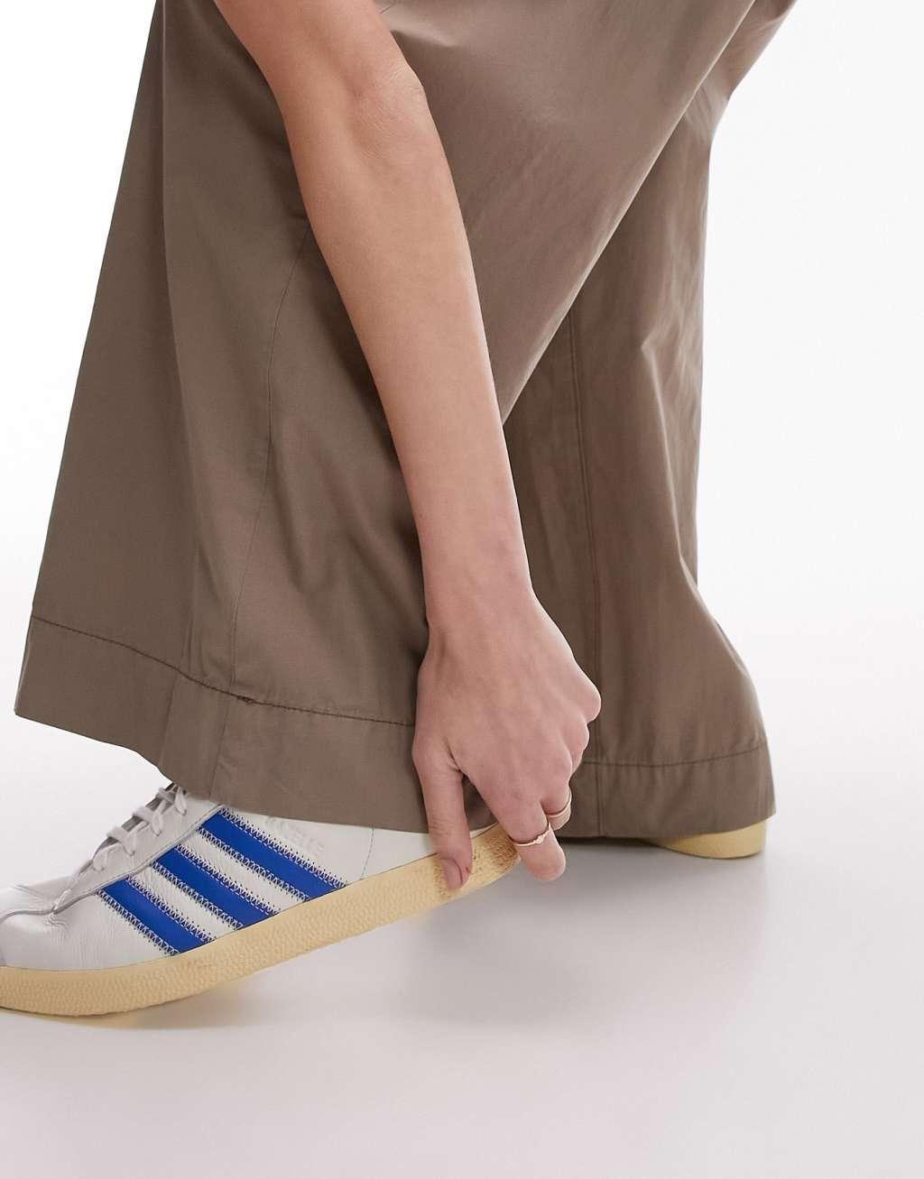 Topshop super wide leg pleated poplin pants in sand Product Image