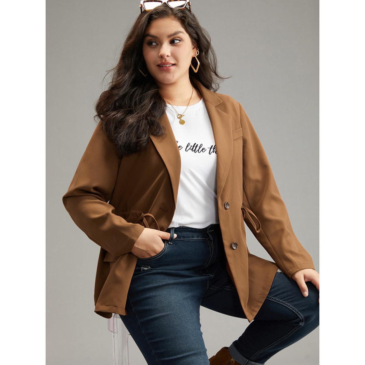 Plus Size Drawstring Flap Pocket Blazer Bronze Women Dailywear Plain Plain Sleeve Long Sleeve Suit Collar 22-24/3X Pocket Casual Blazers BloomChic Product Image