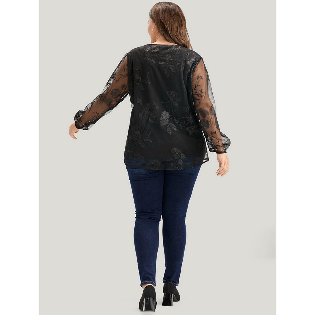 Plus Size Black Floral Lace Mesh Lantern Sleeve Blouse Women Glamour Long Sleeve V-neck Going out Blouses BloomChic 28/5X Product Image