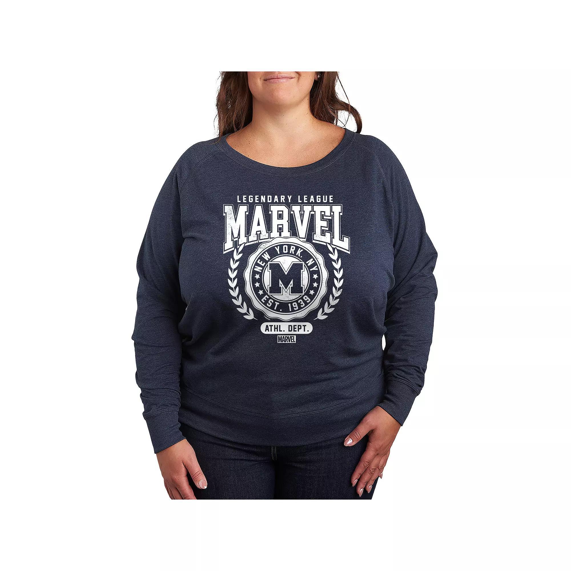 Plus Size Marvel Collegiate League French Terry Long Sleeve Tee, Womens Grey Light Blue Product Image