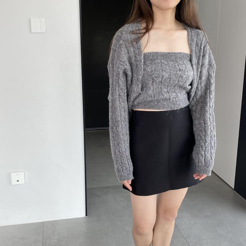 Set: Plain Cable-Knit Cardigan +  Tube Top Product Image