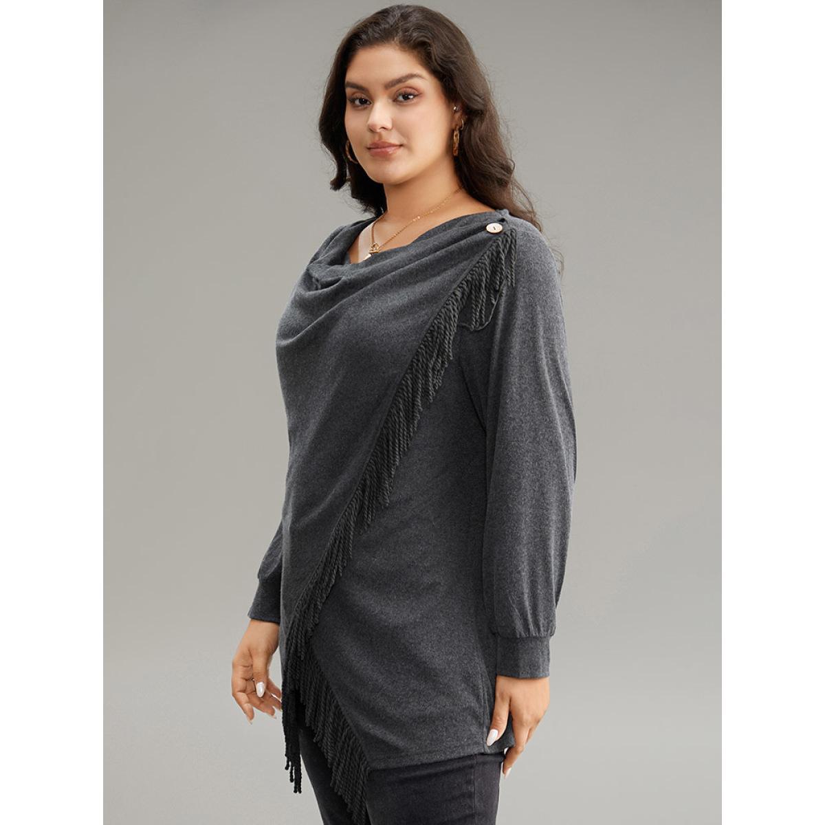 Plus Size Cowl Neck Tassels Button Detail Wrap Sweatshirt Women DimGray Elegant Wrap Cowl Neck Everyday Sweatshirts BloomChic 26/4X Product Image