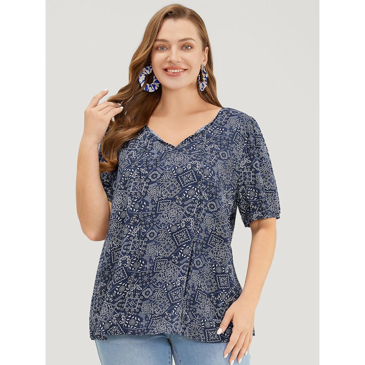 Plus Size Indigo Moroccan Print Keyhole Tie Neck Blouse Women Vacation Short sleeve V-neck Work Blouses BloomChic 22-24/3X Product Image