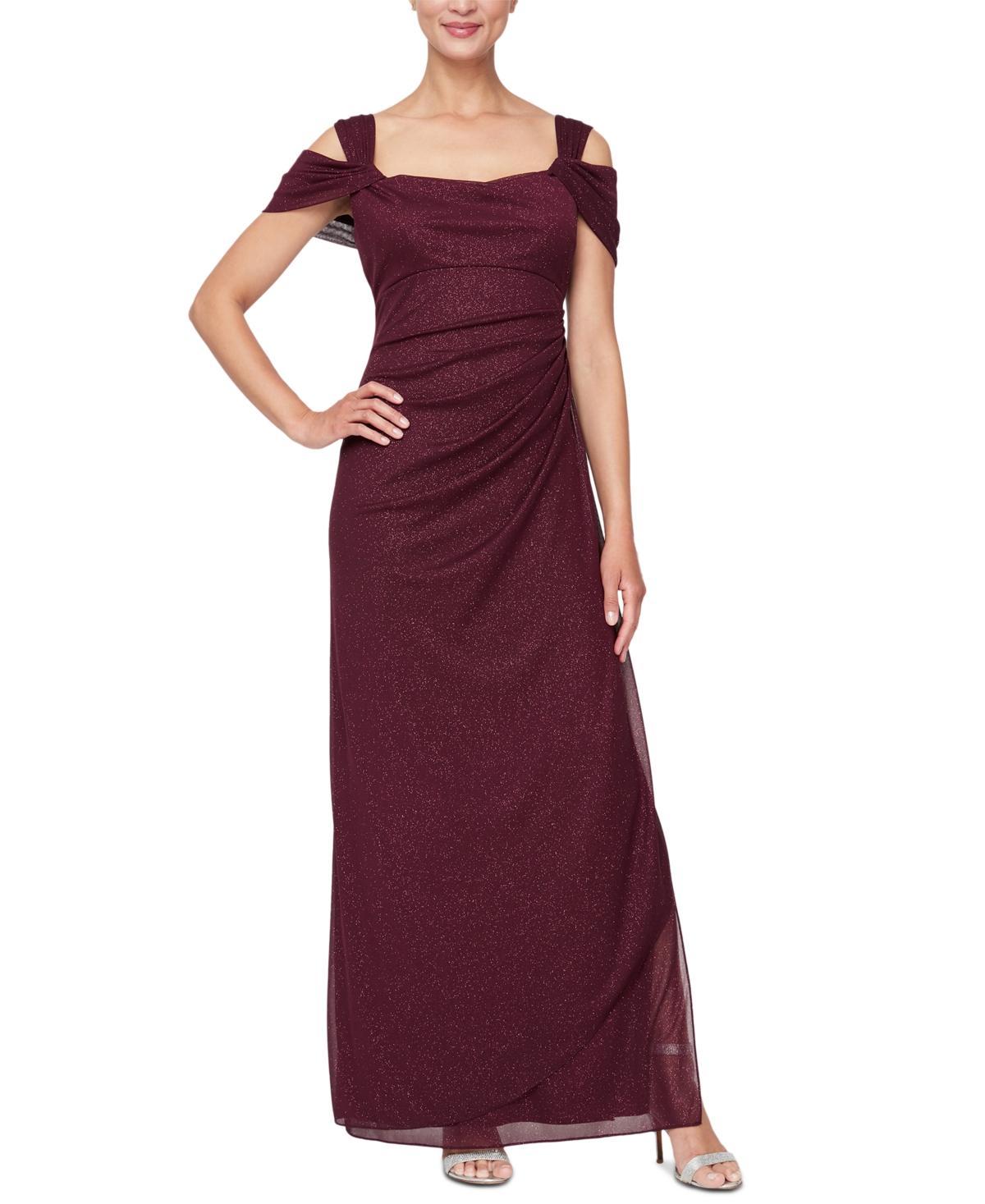 Alex Evenings Glitter Mesh Cowl Neck Cold Shoulder Cap Sleeve Side Slit Ruched Gown Product Image