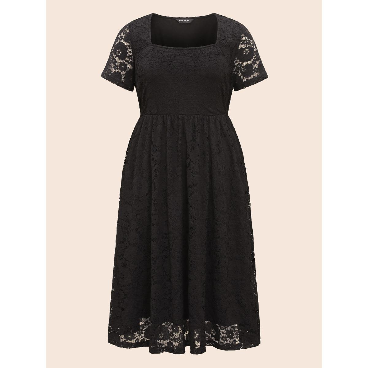 Plus Size Square Neck Lace Mesh Midi Dress Black Women Casual Woven ribbon&lace trim Square Neck Short sleeve Curvy BloomChic 12/L Product Image