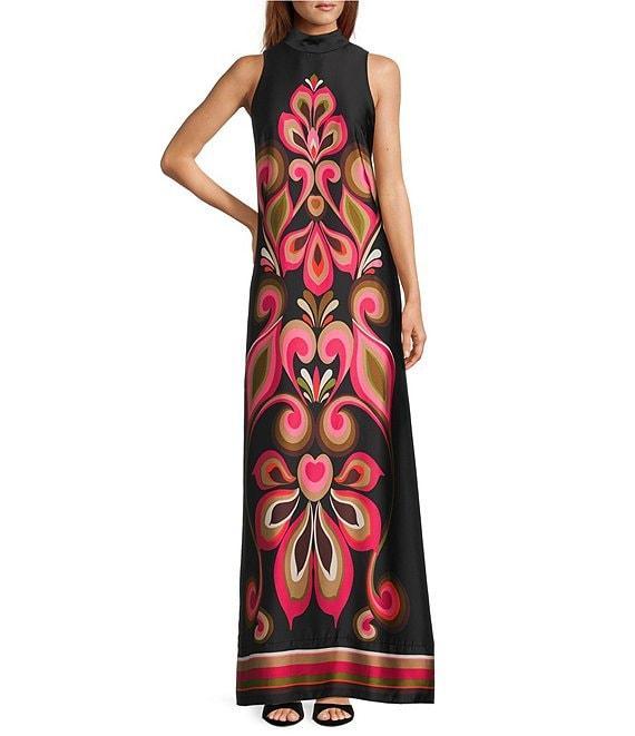 Trina Turk Loveage Satin Georgette Placement Print Mock Neck Sleeveless Maxi Dress Product Image