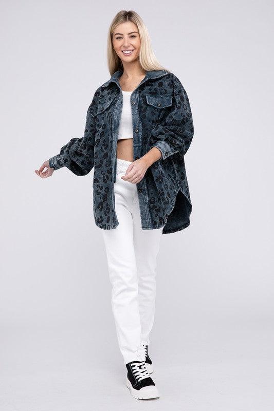 Vintage Washed Leopard Corduroy Buttoned Jacket Product Image