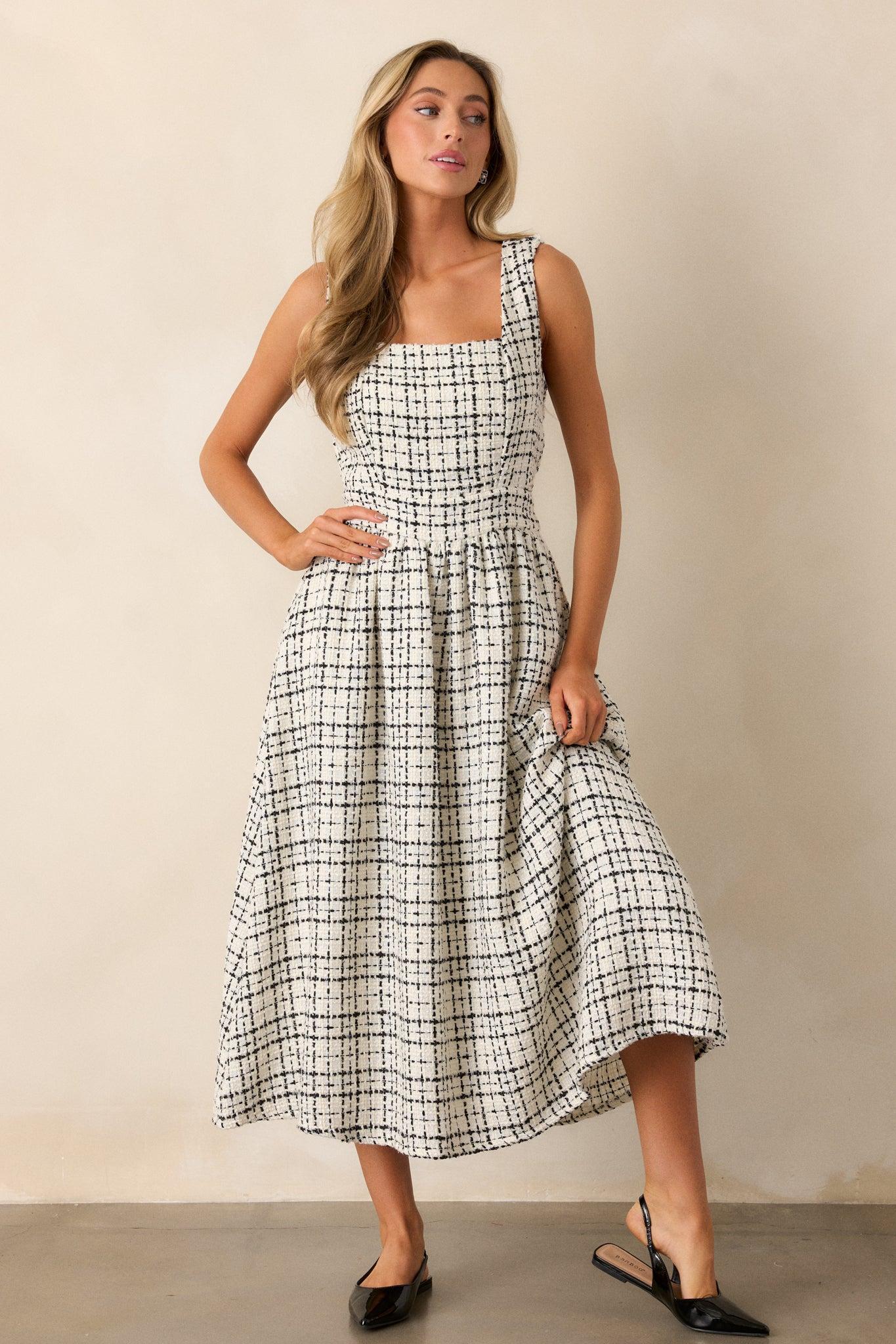 Runaway Hearts White & Black Tweed Midi Dress Product Image