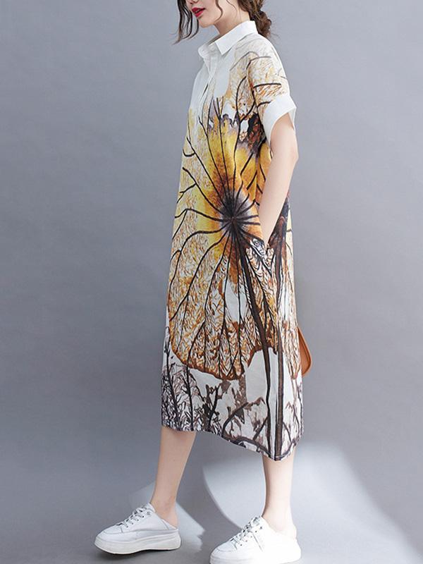 Artistic Retro Floral Printed Buttoned Lapel Collar Short Sleeves Midi Shirt Dress Product Image