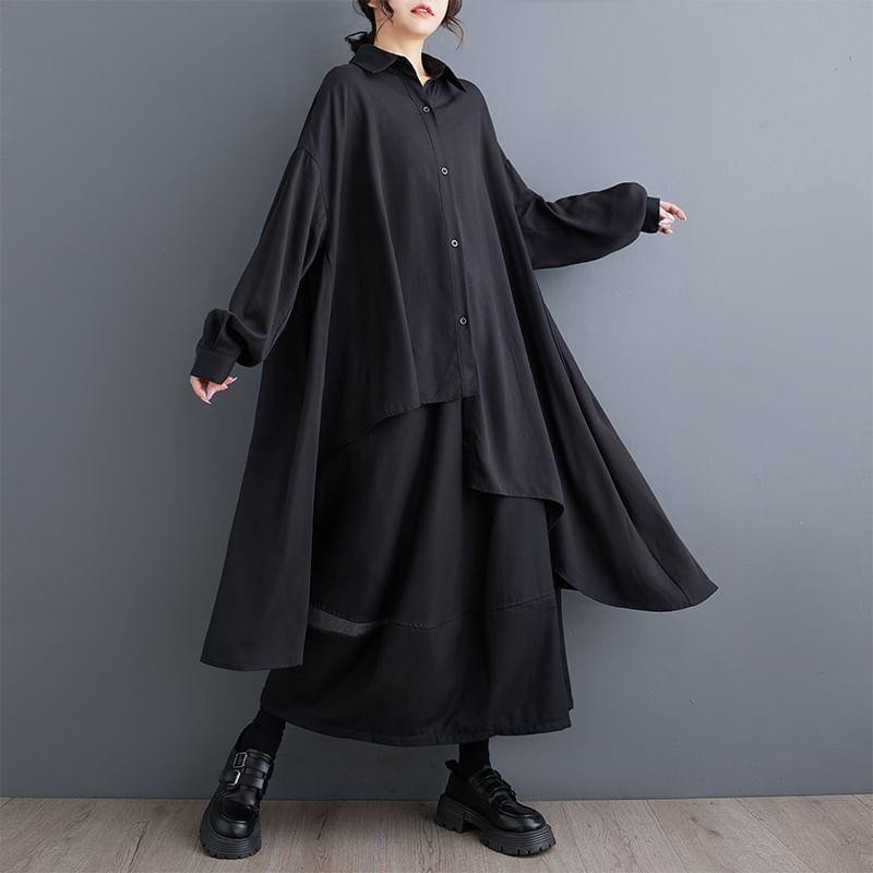 Long-Sleeve Asymmetrical Plain Maxi Shirt Dress Product Image