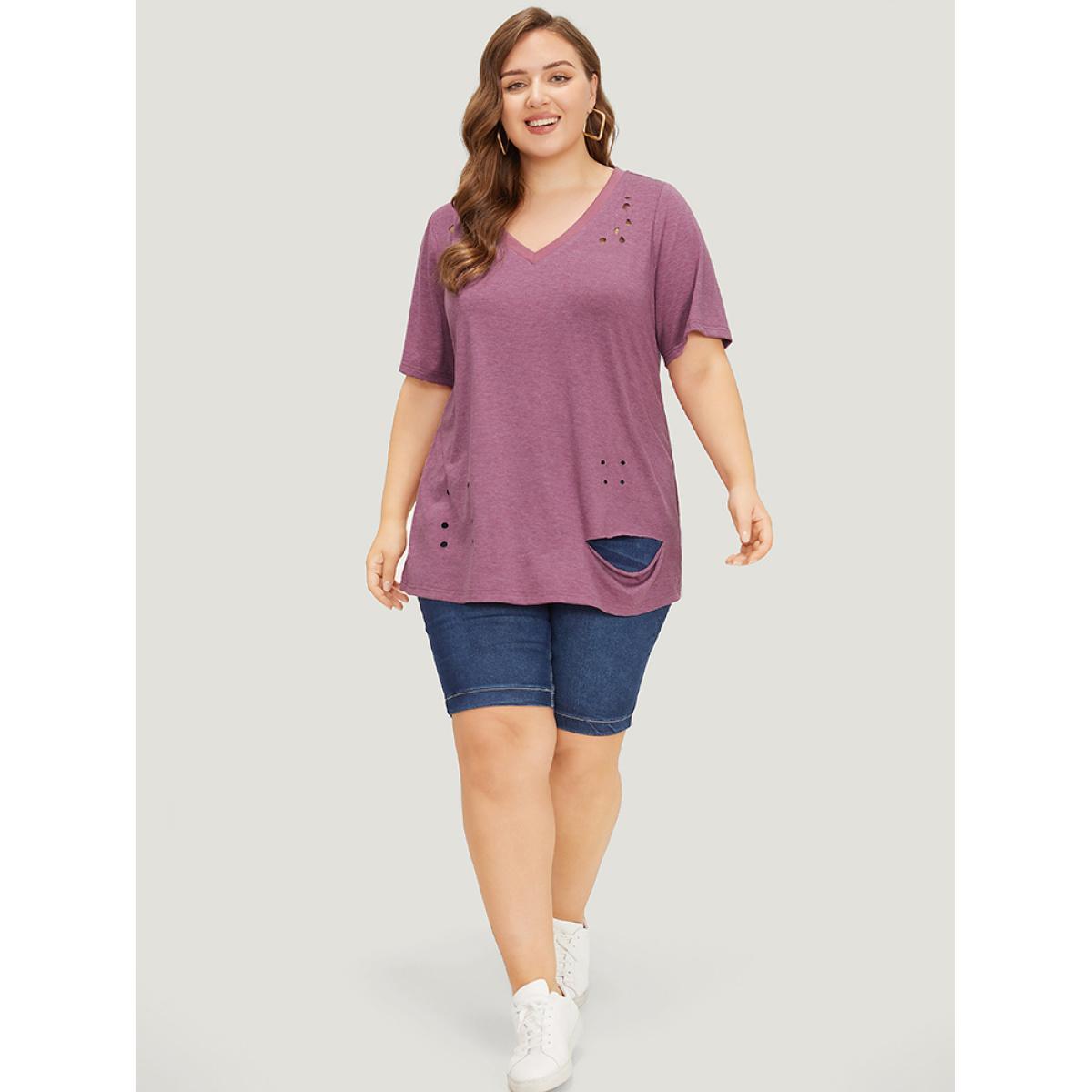 Plus Size Plain Contrast Trim Ripped Detail Vintage T-shirt Mauve Women Casual Heather Plain V-neck Dailywear T-shirts BloomChic 26/4X Product Image