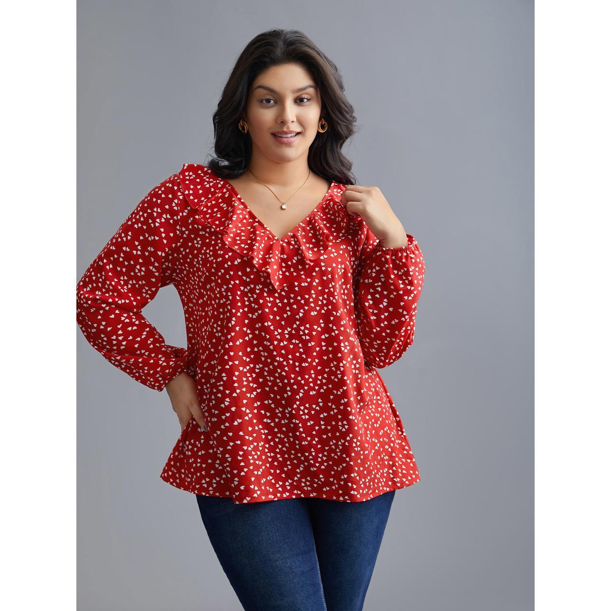 Plus Size Crimson V Neck Ruffle Heart Blouse Women Elegant Extra Long Sleeve V-neck Everyday Blouses BloomChic 26/4X Product Image